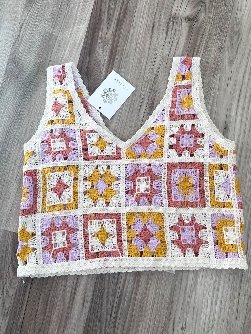 NEW Rebellion Crochet Patchwork Boho Granny Square Crochet Tank Top Size XS - Picture 2 of 8